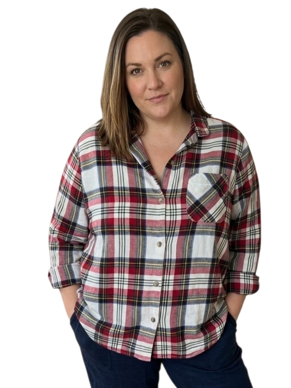 Old Navy Plaid Flannel Pajama Top White Red 2XL P2P 25 L26
